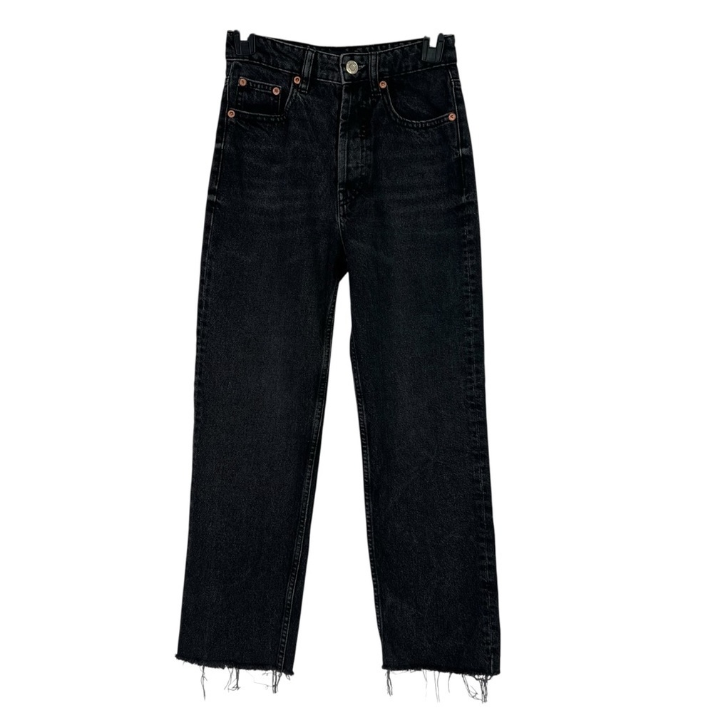 Zara Women’s Black Jeans Sz 2 Raw Hem Button Fly Straight High Rise NO Care Tag